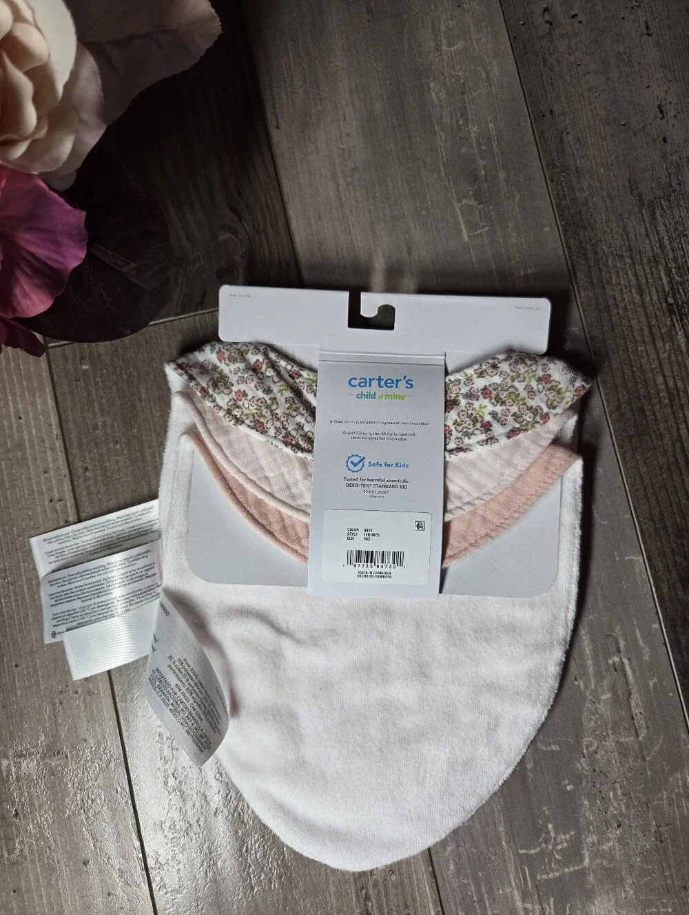 NWT Carter's Baby Girls 3‑Pack Pink Floral & Solid Bandana Bibs ONE SIZE